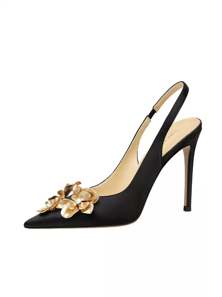 Gothic-Inspired Gold Flower Satin High Heels for Evening Wear