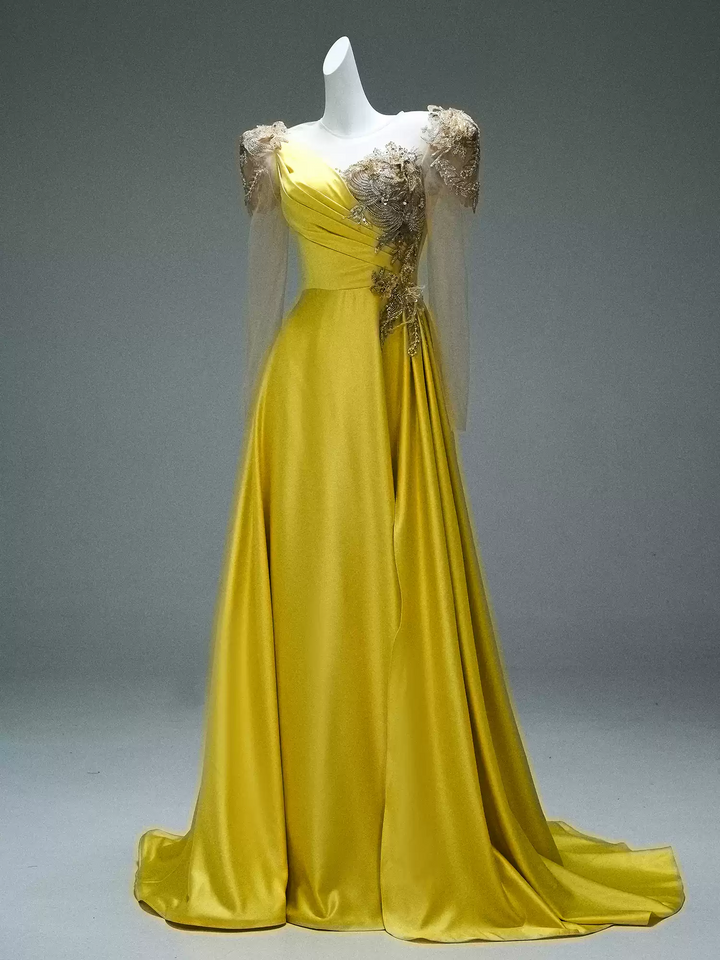Yellow Satin Evening Dress with Embroidered Sheer Sleeves – Lace-Up Back Formal Evening Dress  Plus Size