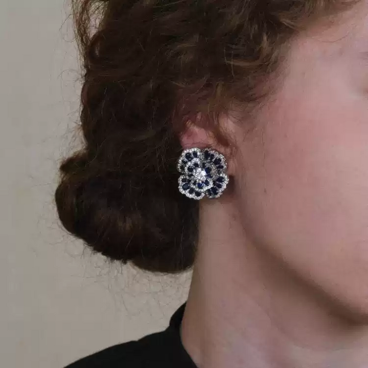 Moonlit Whispers – Sapphire Camellia Earrings - Sapphire Camellia