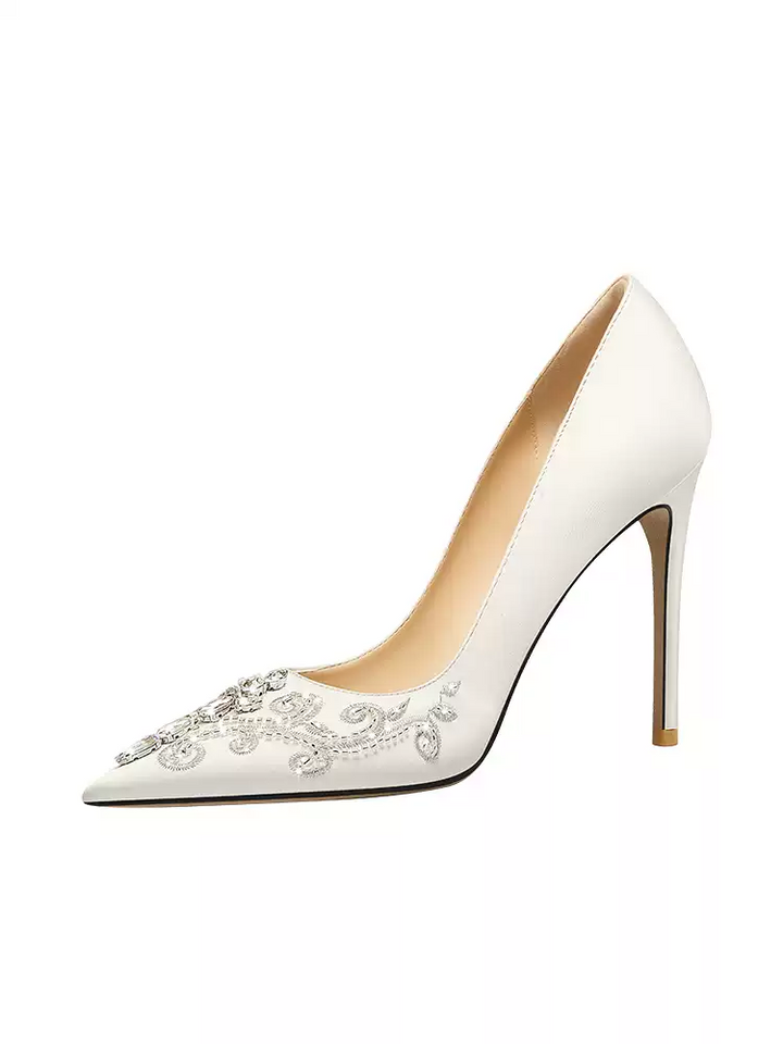 Bridal White Satin High Heels with Rhinestone Embellishments