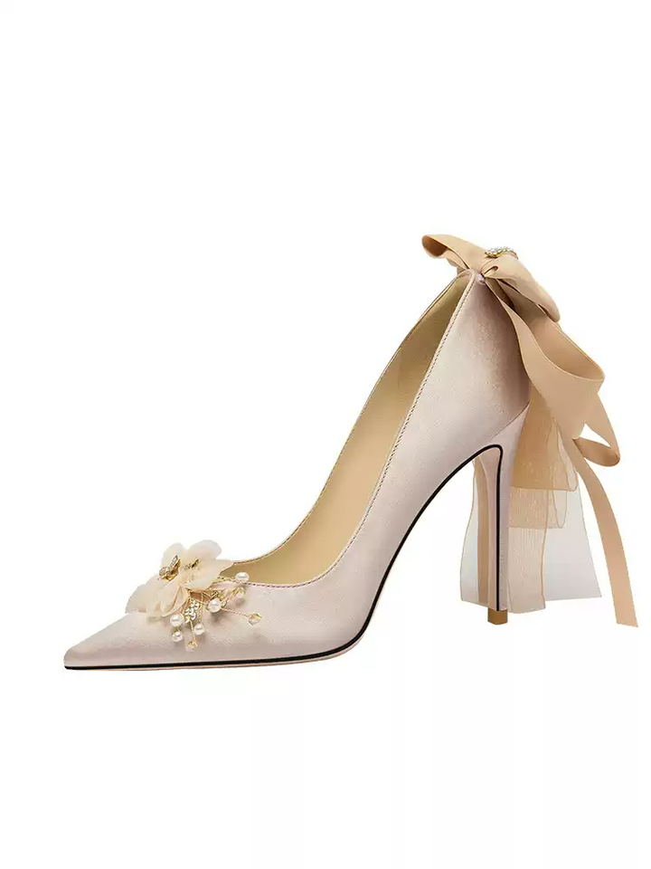 Vintage Inspired Elegant Satin Bow Bridal High Heels with Floral Appliqué