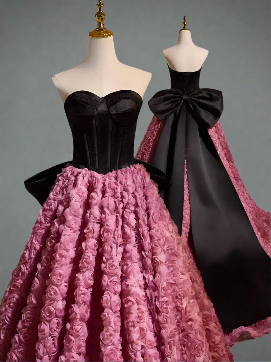 Gothic Black and Pink Ball Gown with Sweetheart Neckline - 3D Rose Dress with Strapless -  Pink and Black Floral Ball Gown with Oversized Bow Plus Size