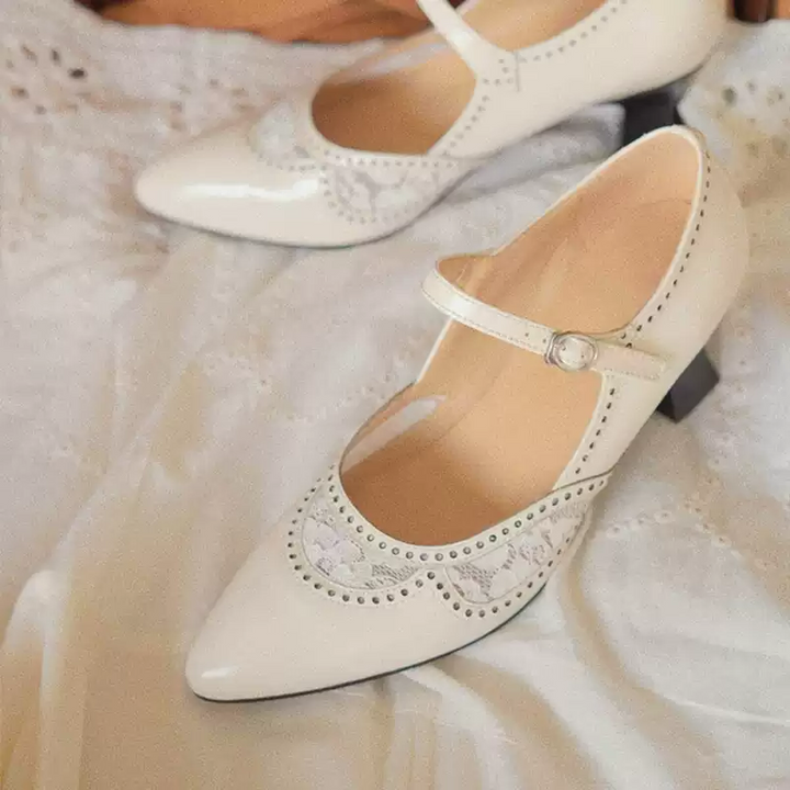 “Whispering Lace” – Handmade Vintage Mary Jane Shoes in Cowhide Leather with Embroidered Cutouts