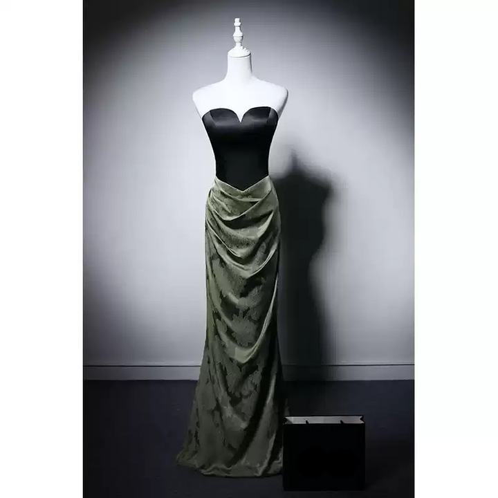 Designer Green and Black Strapless Evening Gown with Draped Skirt – Elegant Formal Evening Dress Plus Size