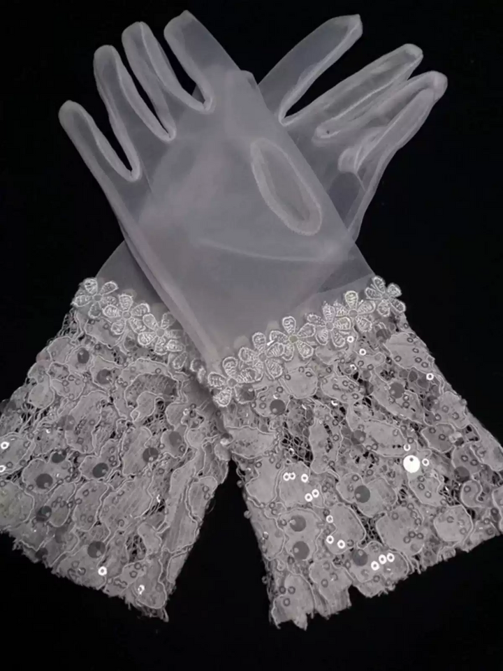 Elegant Silver Sequined Floral Tulle Bridal Gloves