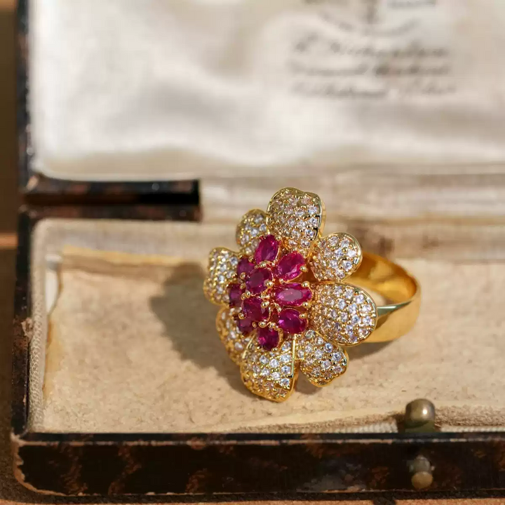 Bloom of Ruby Dreams – Vintage Floral Ring - Ruby Begonia