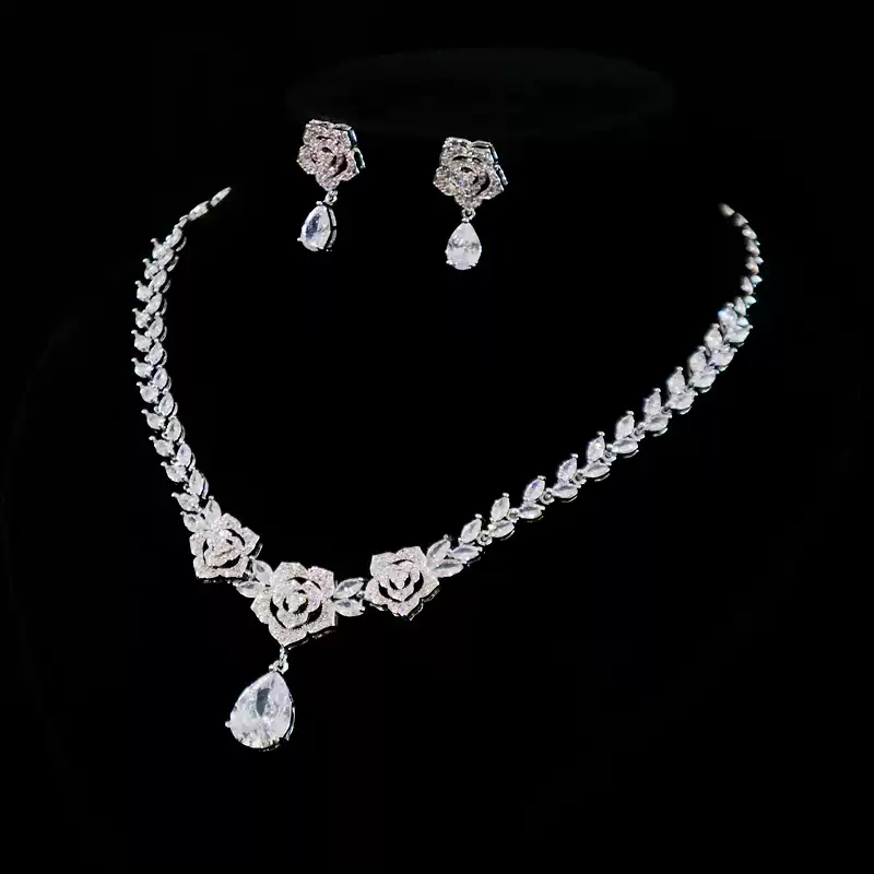 Silver Floral Zircon Jewelry Set - Bridal Necklace and Earrings Set