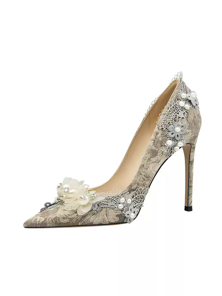 Victorian-Inspired Gray Floral High Heels with Beaded Detailing