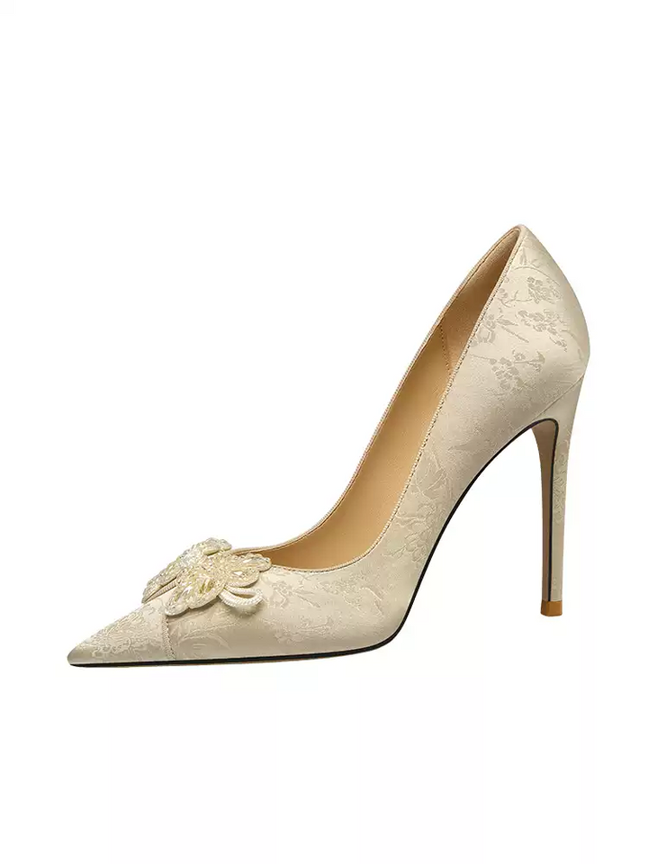 Vintage-Inspired Champagne Bridal Floral High Heels - Elegant Beaded Design