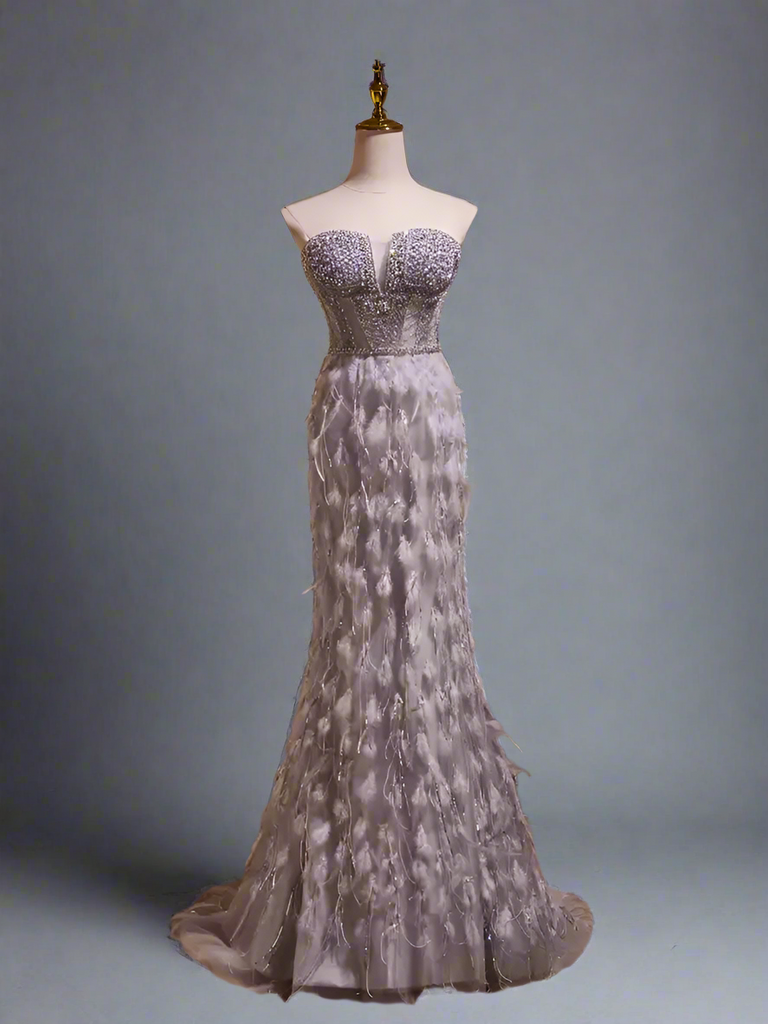 silver glitter mermaid dress Silver Glitter Dress with Tulle - Sequin and Feather Dress - Strapless Glitter Dress