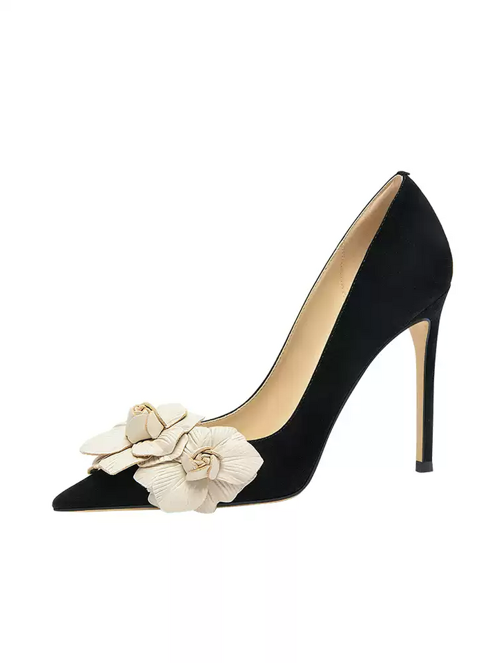 Gothic Black Elegant Floral Embellished Stiletto High Heels for Bridal