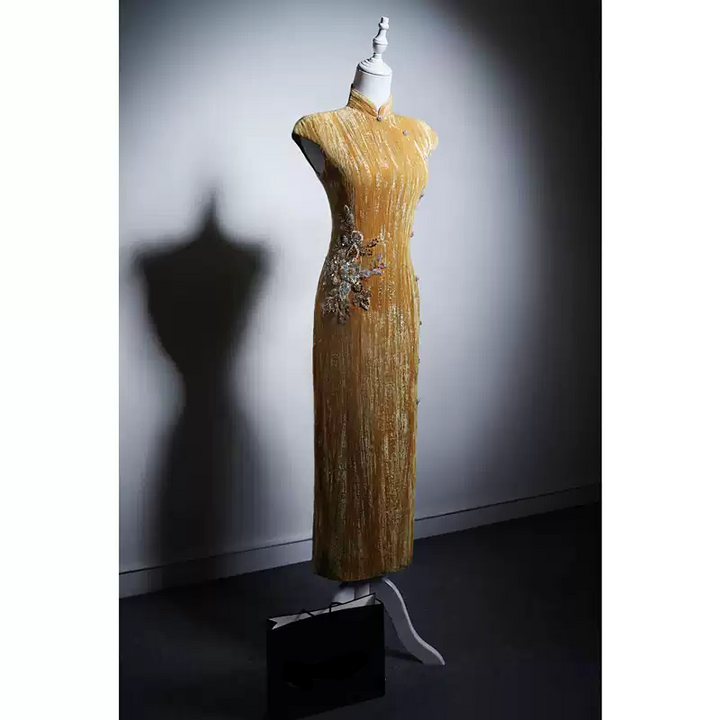 Golden Cheongsam Dress with Sleeveless Design - Golden Yellow Embroidered Formal Evening Gown with Buttons Plus Size