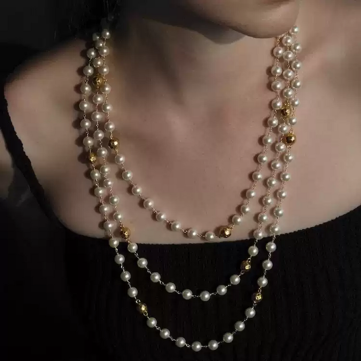 Reverie of Gabrielle – Long Pearl and Gold Bead Necklace - Salute to Gabrielle