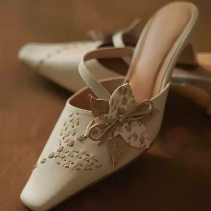 "Whispers of Blossom" – Handmade Vintage Bow-Embellished Leather Mules
