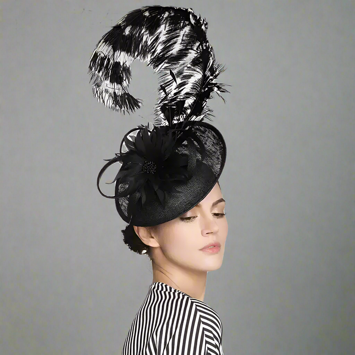 Dramatic Black Fascinator with Feather Accents - Elegant Feathered Cocktail Hat