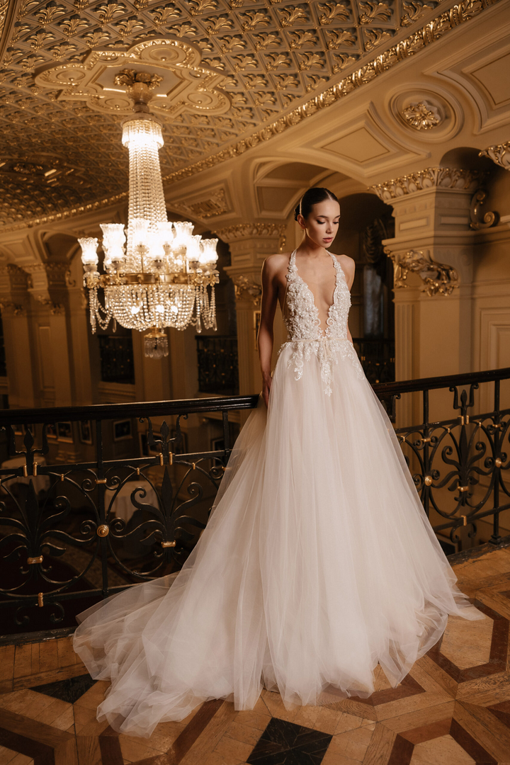 Ivory Floral Wedding Dress with Tulle and Deep Neckline – A-Line Wedding Dress with Sleeveless Plus Size – CECILIA