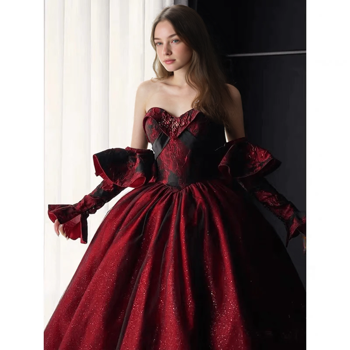 Gothic Black And Red Wedding Dress With Gloves - Burgundy Ball Gown Plus Size