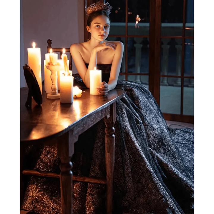 Gothic Black Strapless Wedding Dress With Gold Glitters - Black Evening Dress Ball Gown Plus Size