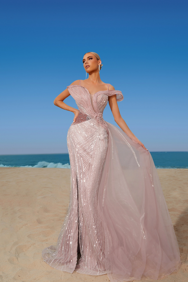 Blush Pink Sequin Evening Gown with Illusion Neckline - Sparkly Maxi Dress with Flowing Train - Embellished Gown Plus Size