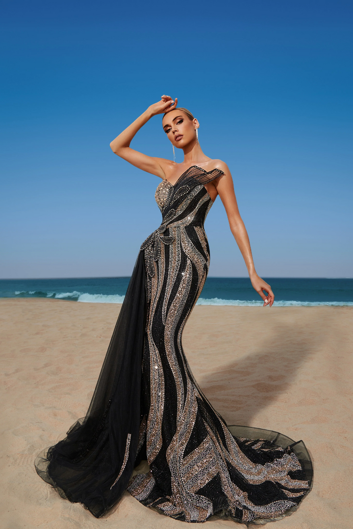 Gothic Black and Gold Sequin Evening Gown with Draped Train - Black Tight Gitted Prom Dress - Sparkly Maxi Dress with with Asymmetrical Neckline Plus Size