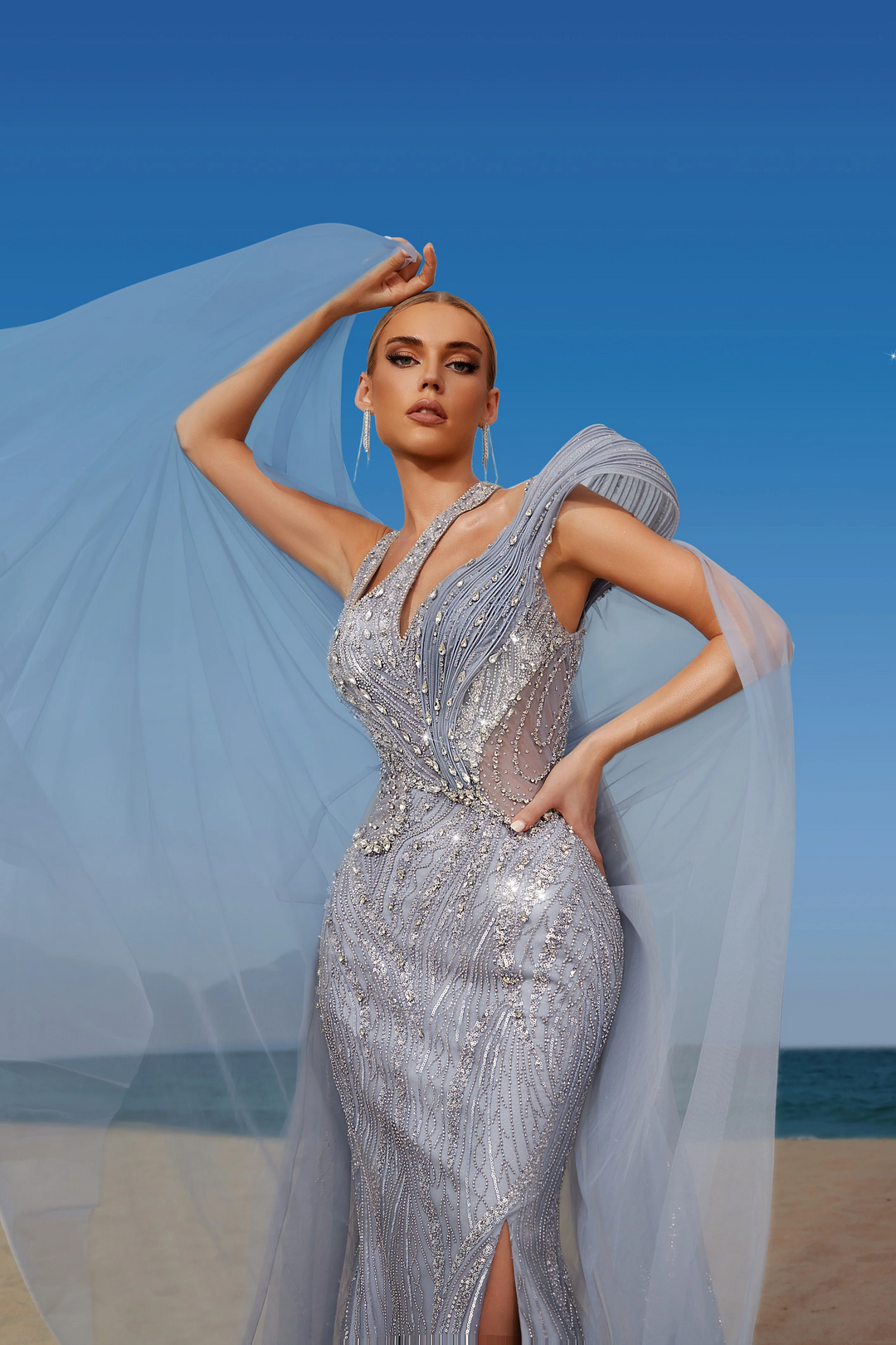 Grey Blue Sequin Evening Gown with Halter Neckline - Sparkly Maxi Dress with Flowing Cape and Thigh-High Slit - Pretty Sequin Dress Plus Size