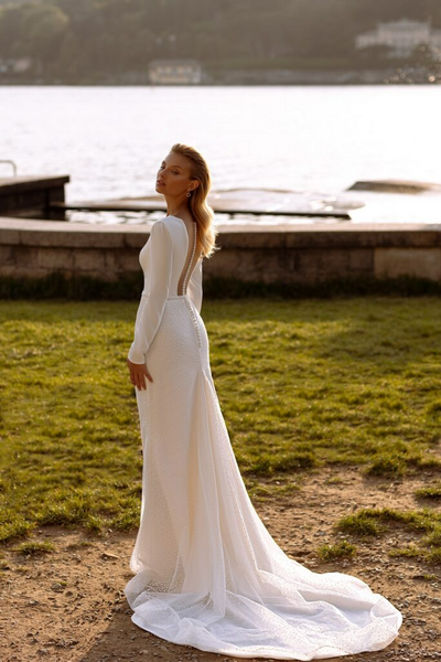 Elegant Mermaid Wedding Dress - Long Sleeve Wedding Dress - Plunging V-Neck Bridal Gown Plus Size