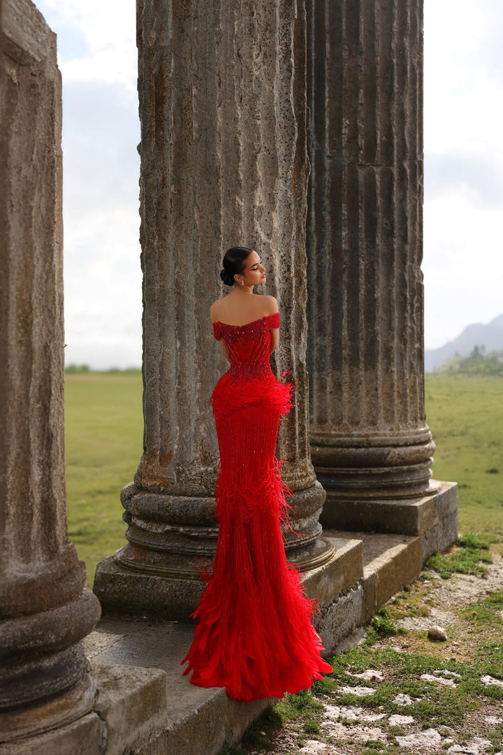 Red Sequin and Feather Dress with Off Shoulder Bodice – Embellished Designer Sequin Gown Plus Size