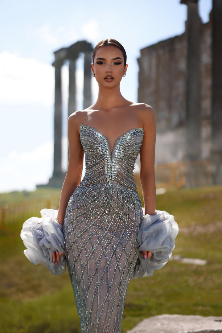 Grey Sequin Dress with Strapless Bodice and Ruffled Sleeves – Glitter Maxi Dress with V-Neck Plus Size
