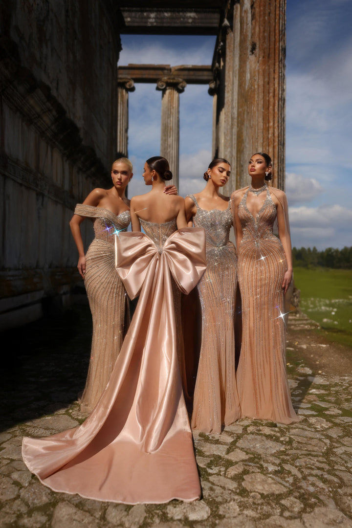 Champagne Sequin Dress with Sweetheart Bodice – Sparkly Maxi Dress with Convertible Bow Plus Size