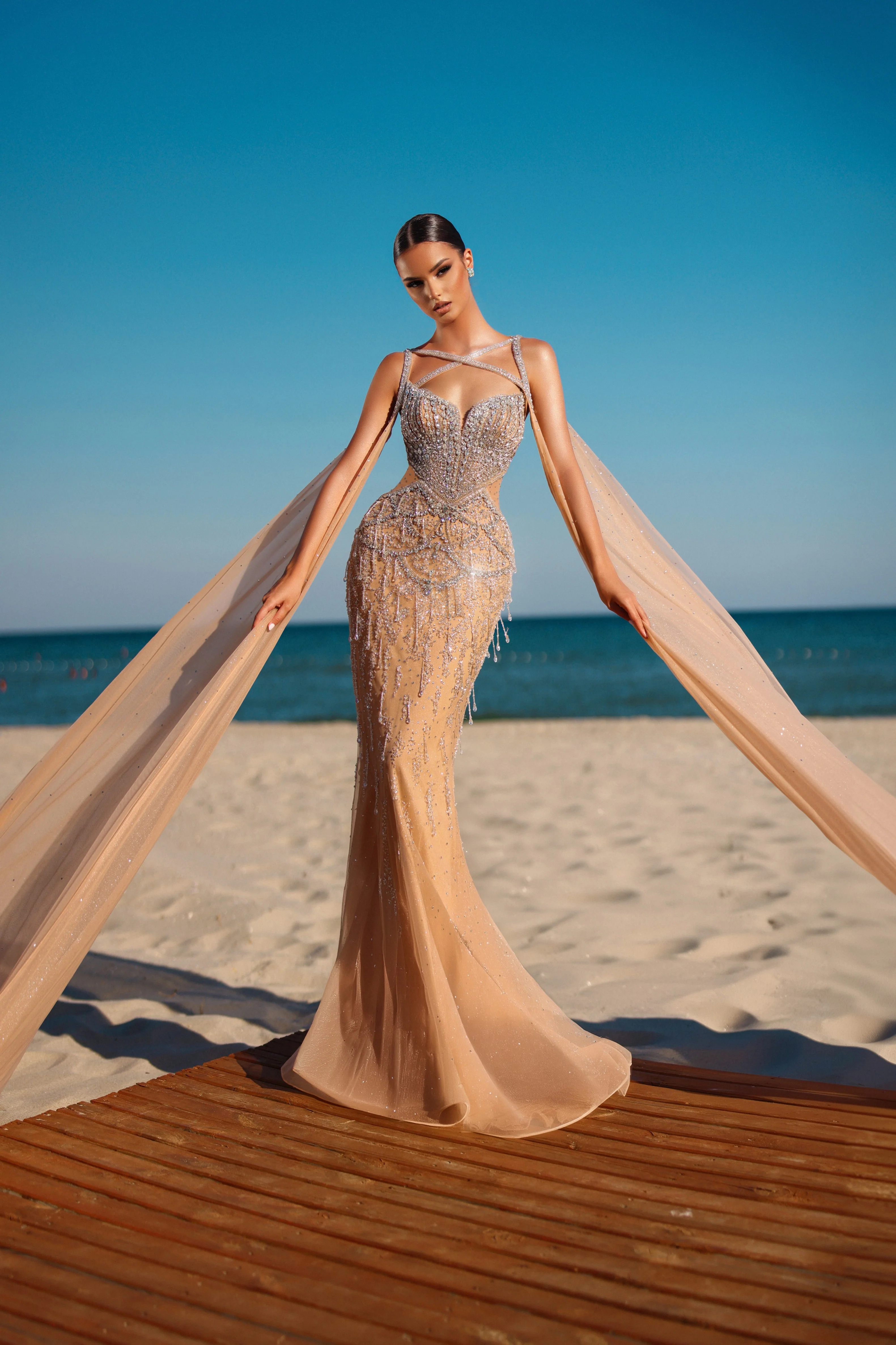 Champagne Dress for Wedding Guest with Cape Sleeves - Elegant Sparkly Maxi Dress - Designer Sequin Gown Plus Size Size 16W / Champagne Champagne Dress for Wedding Guest with Cape Sleeves - Elegant Sparkly – WonderlandByLilian