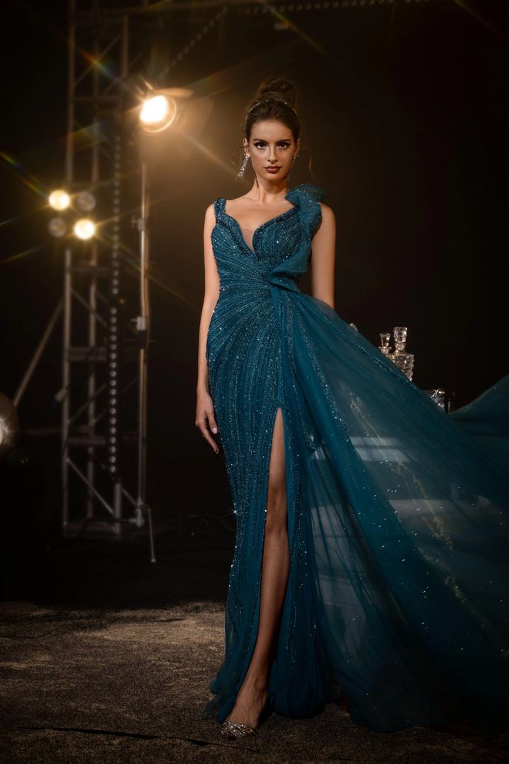 Gothic Teal Designer Sequin Gown with Draped Shoulder Detail - Teal Sequins Evening Gown and Side Slit Plus Size