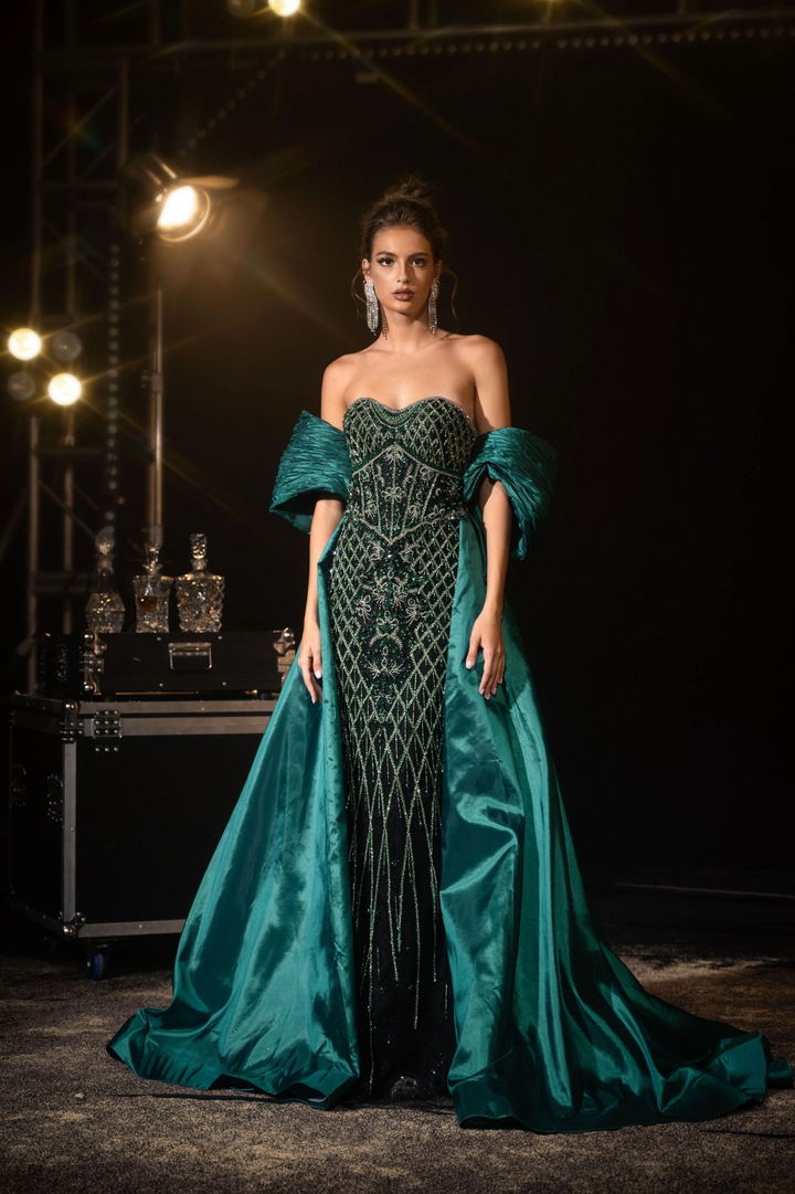 Gothic Emerald Green Embellished Gown with Overskirt - Designer Sequin Gown - Strapless Glitter Dress with Bow Detail Plus Size