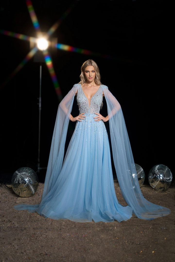 Sky Blue Designer Sequin Gown with Cape Sleeves - Sparkly Maxi Dress with V-Neckline - Elegant Embellished Gown Plus Size