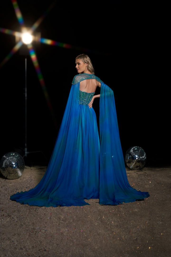 Gothic Royal Blue Prom Dress - Embellished Gown with Cape Sleeves - Sparkly Maxi Dress - Sequin Evening Gown Plus Size