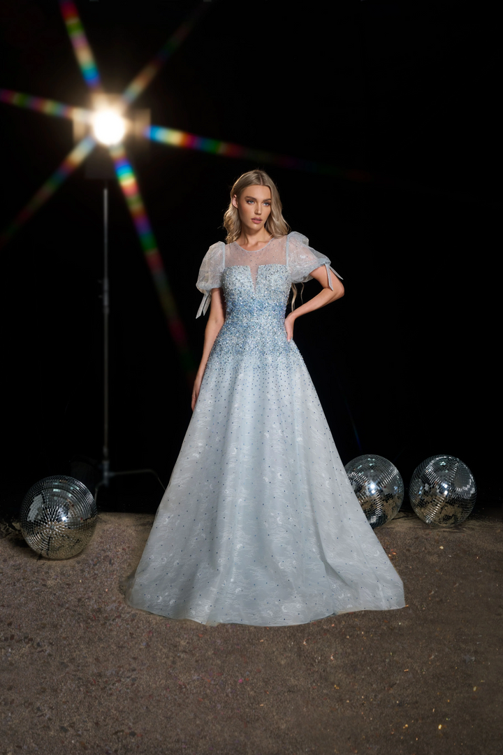 Blue Sequin Ball Gown with Puff Sleeves - Embellished Gown with Sweetheart Neckline - Sparkly Blue Sequin Dress Plus Size