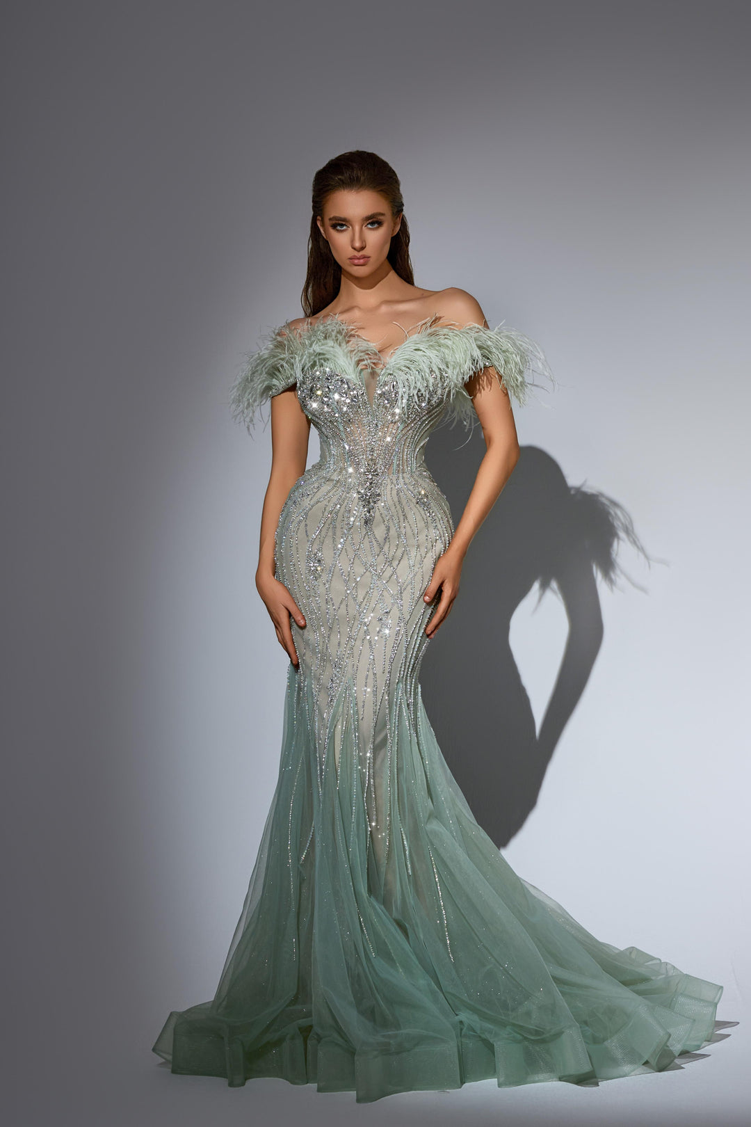 White Sequin Dress with Feather Off-Shoulder Bodice – Sequin and Feather Dress with Tulle Plus Size