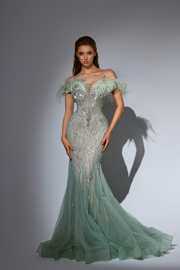 White Sequin Dress with Feather Off-Shoulder Bodice – Sequin and Feather Dress with Tulle Plus Size