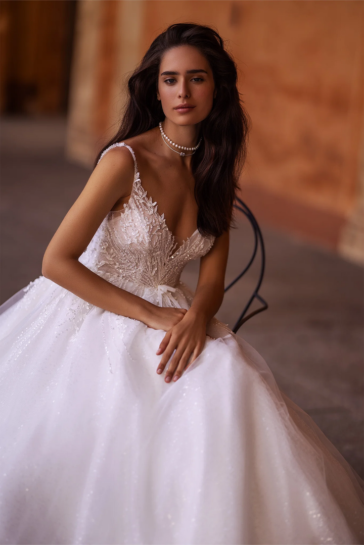 Ivory A-Line Wedding Dress with V-Neck – Wedding Gown Open Back Lace - Wedding Dress Corset with Pearl Beading Plus Size