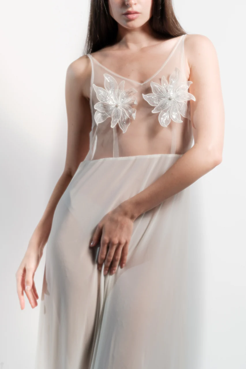 Ethereal Ivory Floral Embellished Night Gown