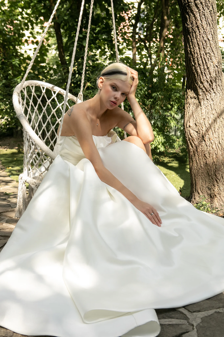 Ivory Strapless Wedding Dress with Designer Draping Corset – Simple Wedding Dress with Luxurious Train and Slit Plus Size - Melody