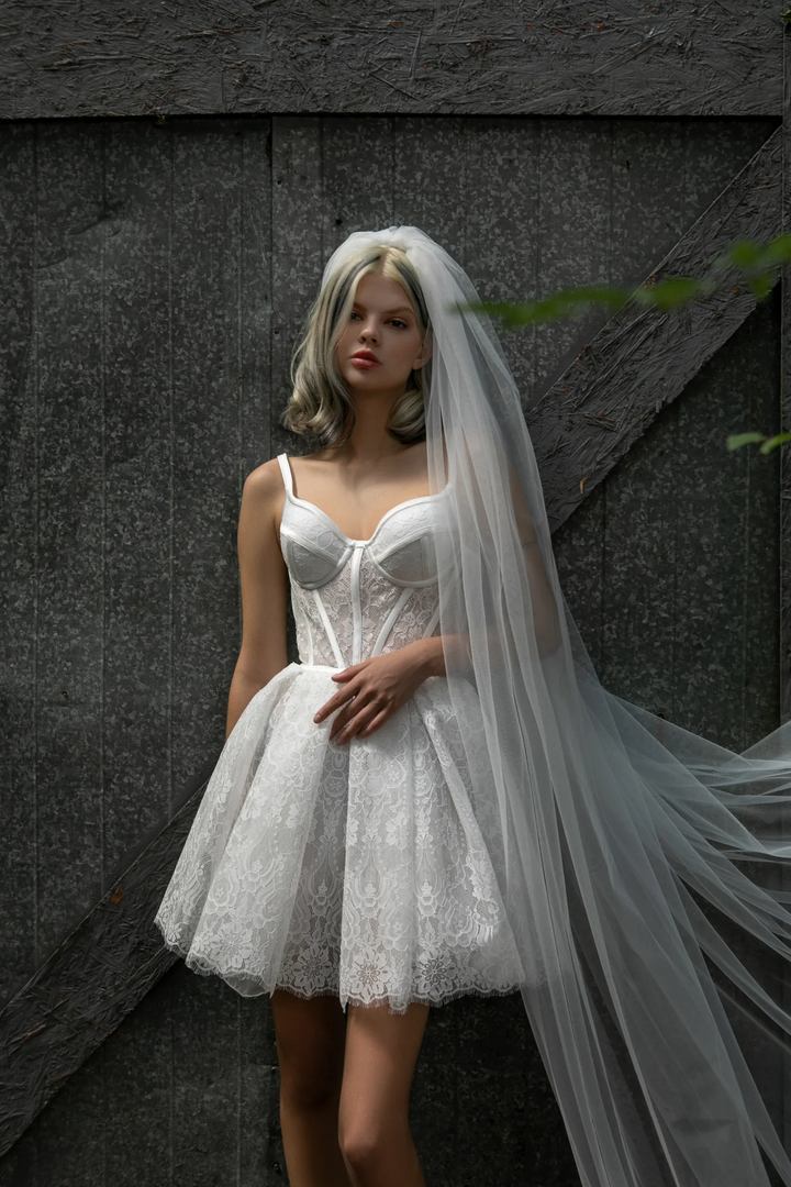 Ivory Lace Mini Wedding Dress with Satin Ribbon Corset – Wedding Reception Mini Dress with Convertible Lace Sleeves Plus Size - Molly