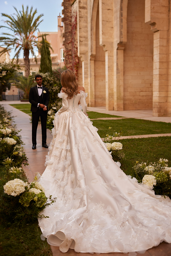 Ivory Off Shoulder Wedding Dress with Corset Bodice – Floral Wedding Dress with Long Sleeves and Ball Gown Skirt Plus Size