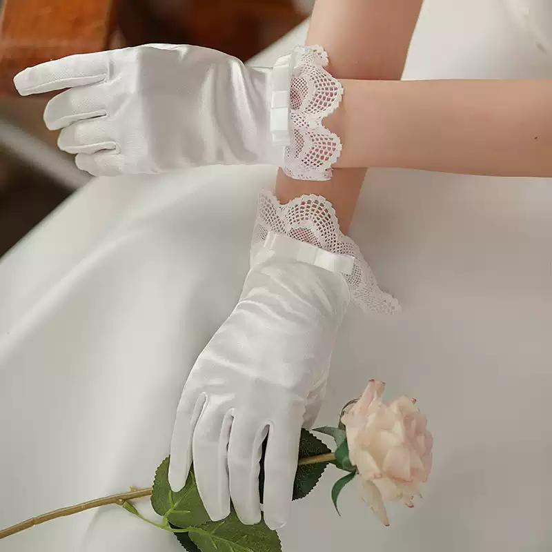 Elegant White Satin Bridal Gloves with Lace Cuffs and Bow Details