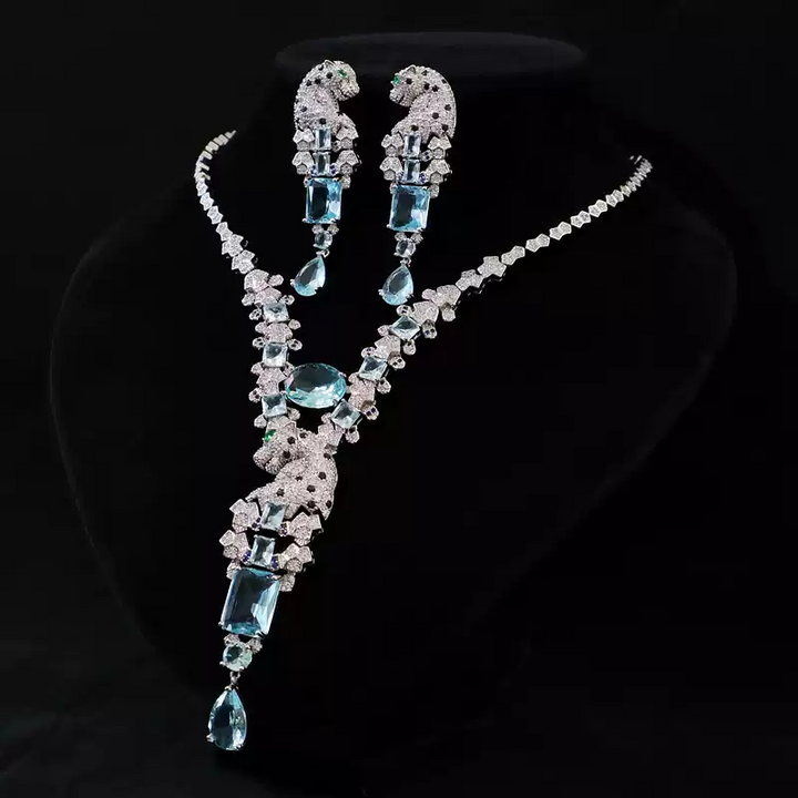 Luxurious Sky Blue Zircon Necklace and Earrings - Blue Jewelry Set