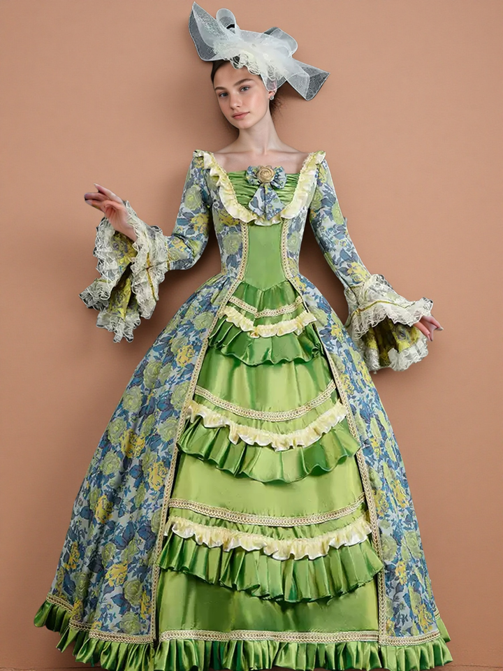 Marie Antoinette Rococo Style Dress in Green and Blue Floral Brocade with Lace Bell Sleeves – Baroque Ball Gown Plus Size