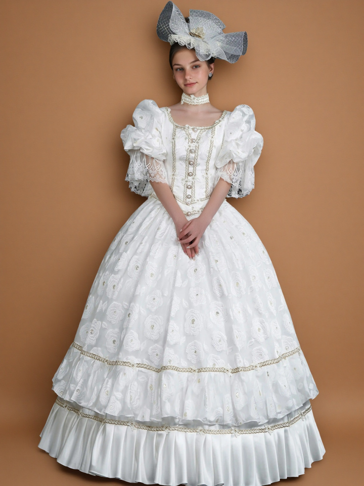 Marie Antoinette Rococo Ball Gown – White Rococo Sand Dress with Puff Sleeves and Embroidered Floral Detail