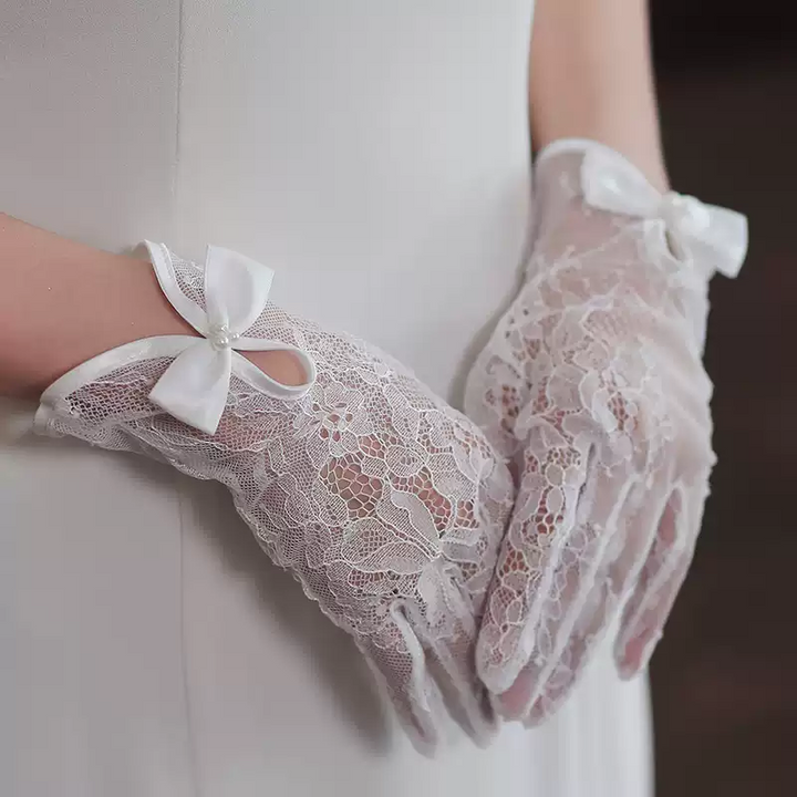 Elegance White Floral Lace Bridal Gloves with Satin Bow