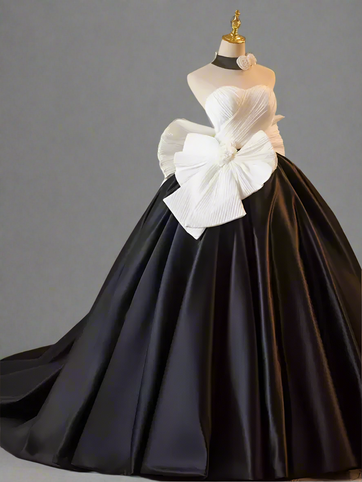 Gothic Black and White Ball Gown with Oversized Bow - Strapless Ball Gown - Elegant Formal Evening Dress Plus Size