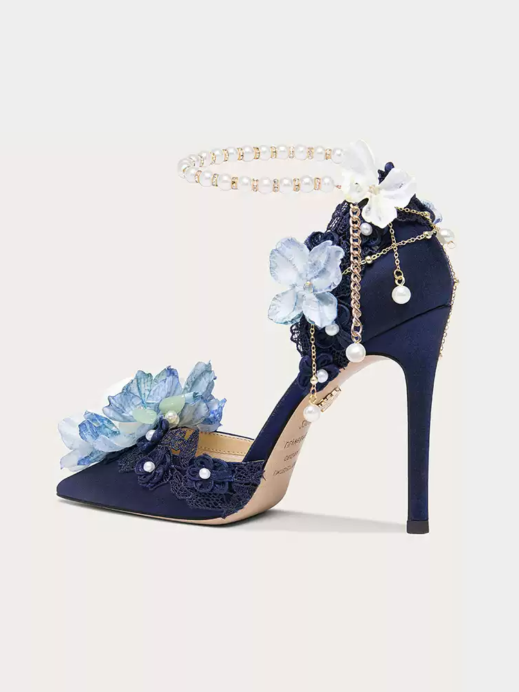 Gothic Bridal Deep Blue Floral Pearl Embellished High Heel Sandals