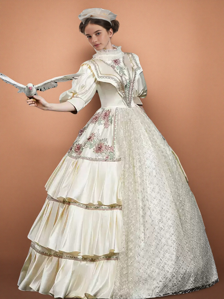 Marie Antoinette Rococo Style Dress – Cream Victorian Ball Gown with Floral Embroidery and Layered Skirt